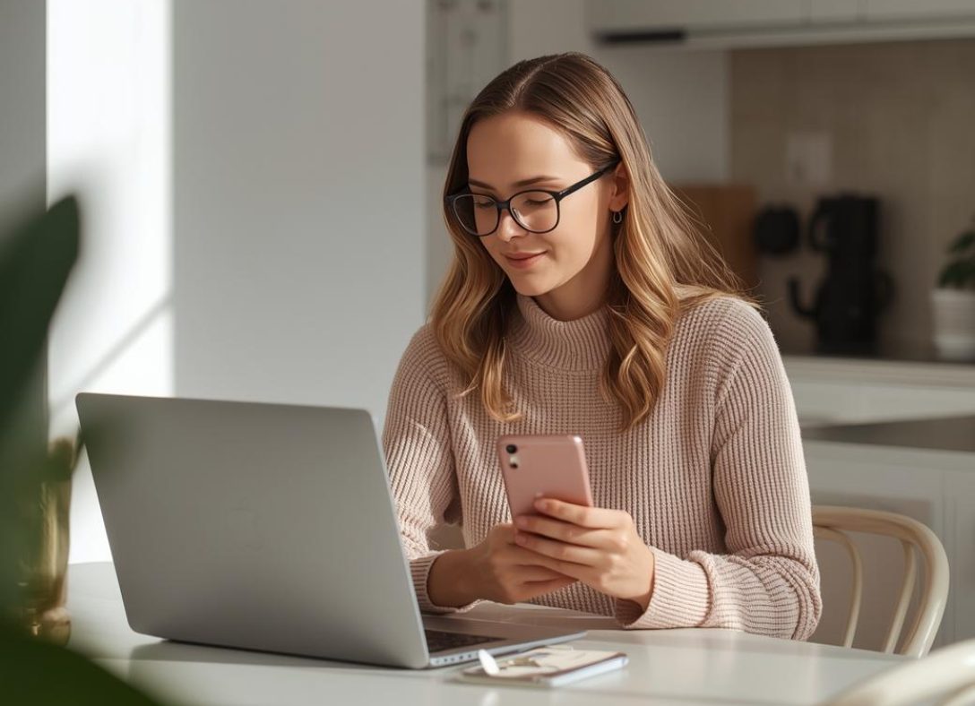A natural lifestyle image of a normal adult person sitting at a kitchen table with a laptop and smartphone