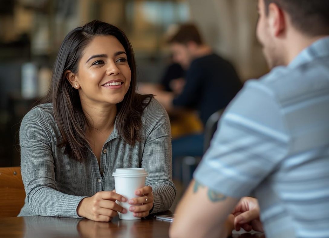 De vrouw persoon zit aan een tafel in een café of coworking space en voert een ontspannen gesprek