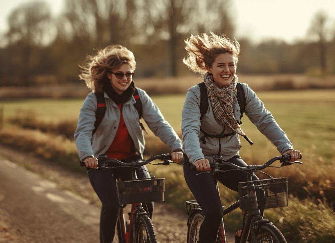 Fietsen in de wind__Scene_ Een of twee personen fietsen door een Nederlands landschap in herfst- of lentekleuren. De wind blaast door hun haren en jassen.__Kleding _ stijl_ Casual sportief (licht jack, (1)