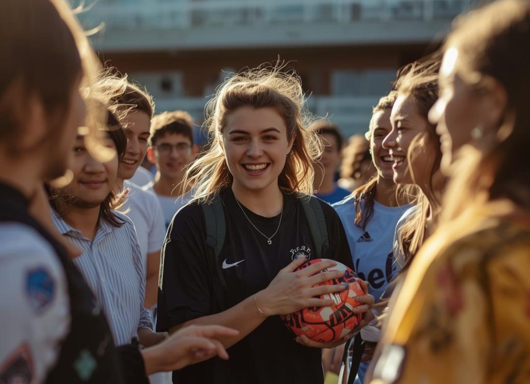 Realistische lifestyle foto van een groep jonge mensen (16–25 jaar) die ontspannen voor een voetbalclubgebouw staan.