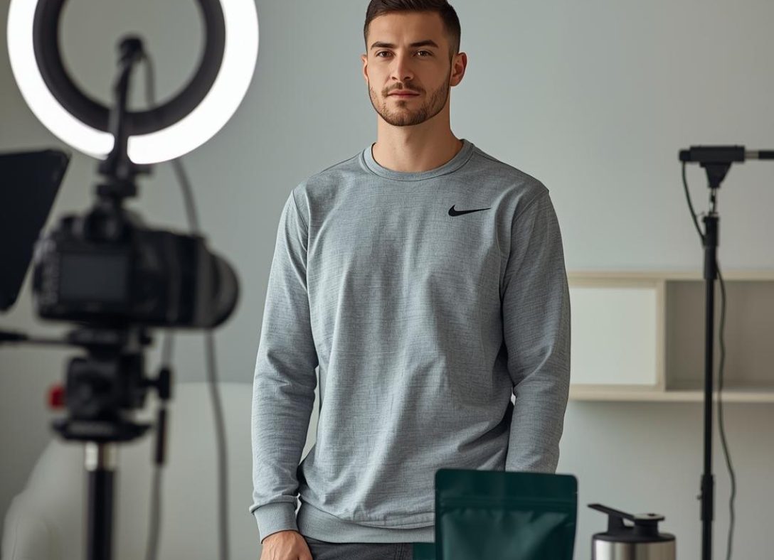 Realistische lifestyle foto van een man of vrouw (25–40 jaar) in sportieve casual kleding in een eenvoudige, moderne home video studio.