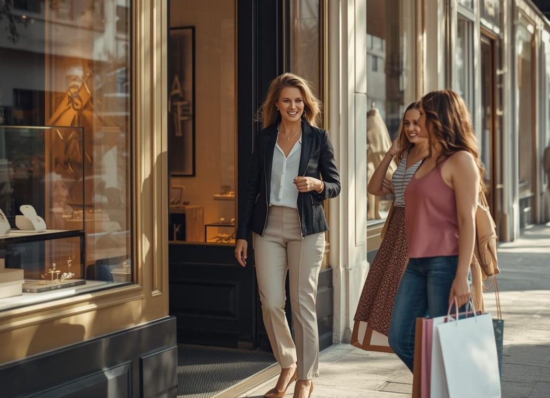 Realistische lifestyle foto van een vrouwelijke ondernemer die buiten voor haar sieradenwinkel staat.