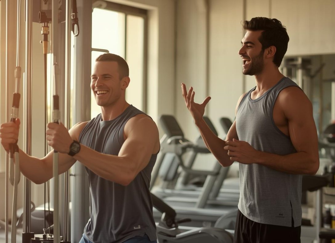 Sportschoolbezoek – Samen trainen met plezier__Scene_ Twee mannen in de sportschool. De ene traint op een apparaat (bijv. cable machine), de ander staat erbij, moedigt aan en ze hebben samen plezier. He (1)