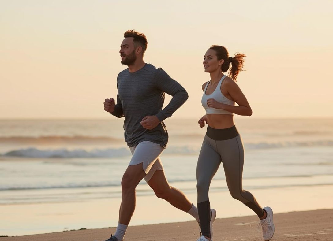 Two adult men and a women jogging together along the beach.